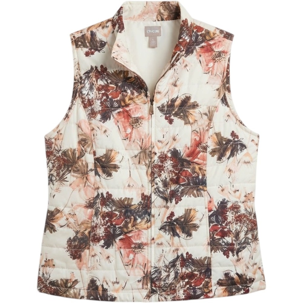 Chico's Grand Flowers Floral Size 16/XL Quilted Puffer Vest Lightweight Full Zip
